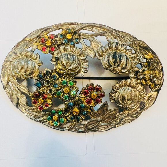 Vtg Antique 20s Floral Rhinestone Brooch Pin 3" Oval Shape Czech Glass Enamel - Picture 1 of 4